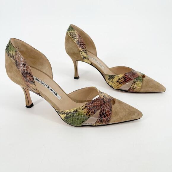 Manolo Blahnik Tan Suede Snakeskin PVC Cutout Pointed Toe D'Orsay Heel IT 36 - Picture 1 of 11